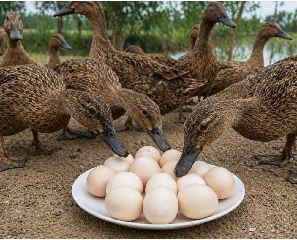 Khaki Campbell Duck Eating Eggs
